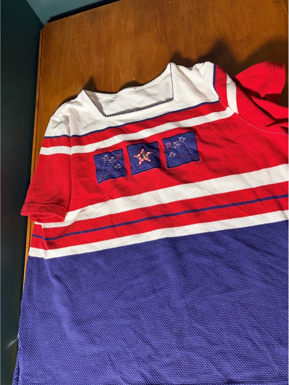 Vintage 90s Patriotic Colorblock Waffle Knit Star Applique Americana 4th of July